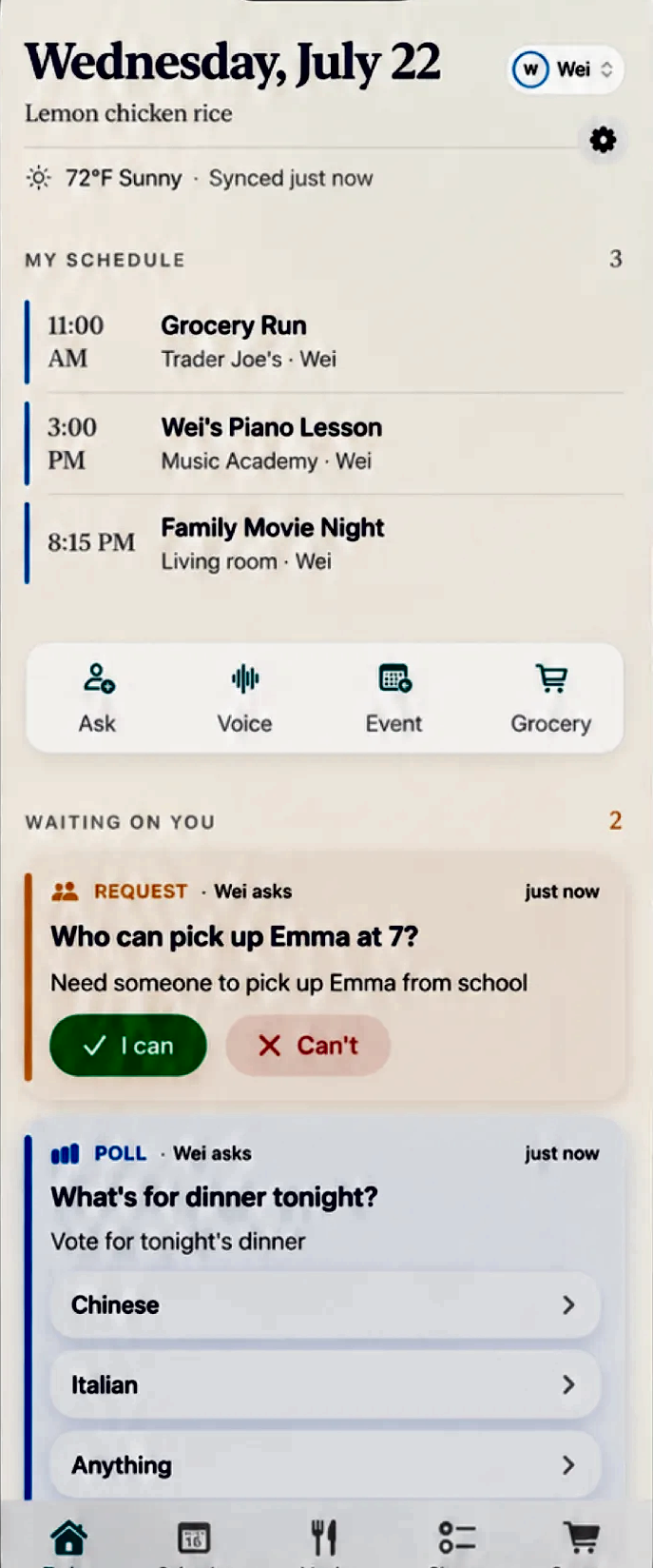 Hedah on iPhone showing a family member&rsquo;s day and household requests.