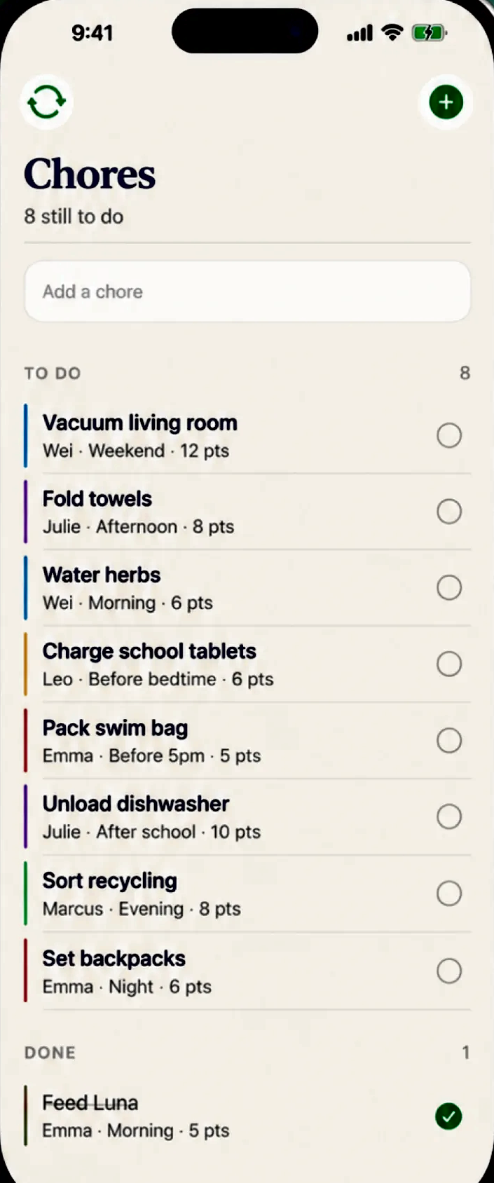 Hedah chores list showing assigned household tasks with points and due dates.