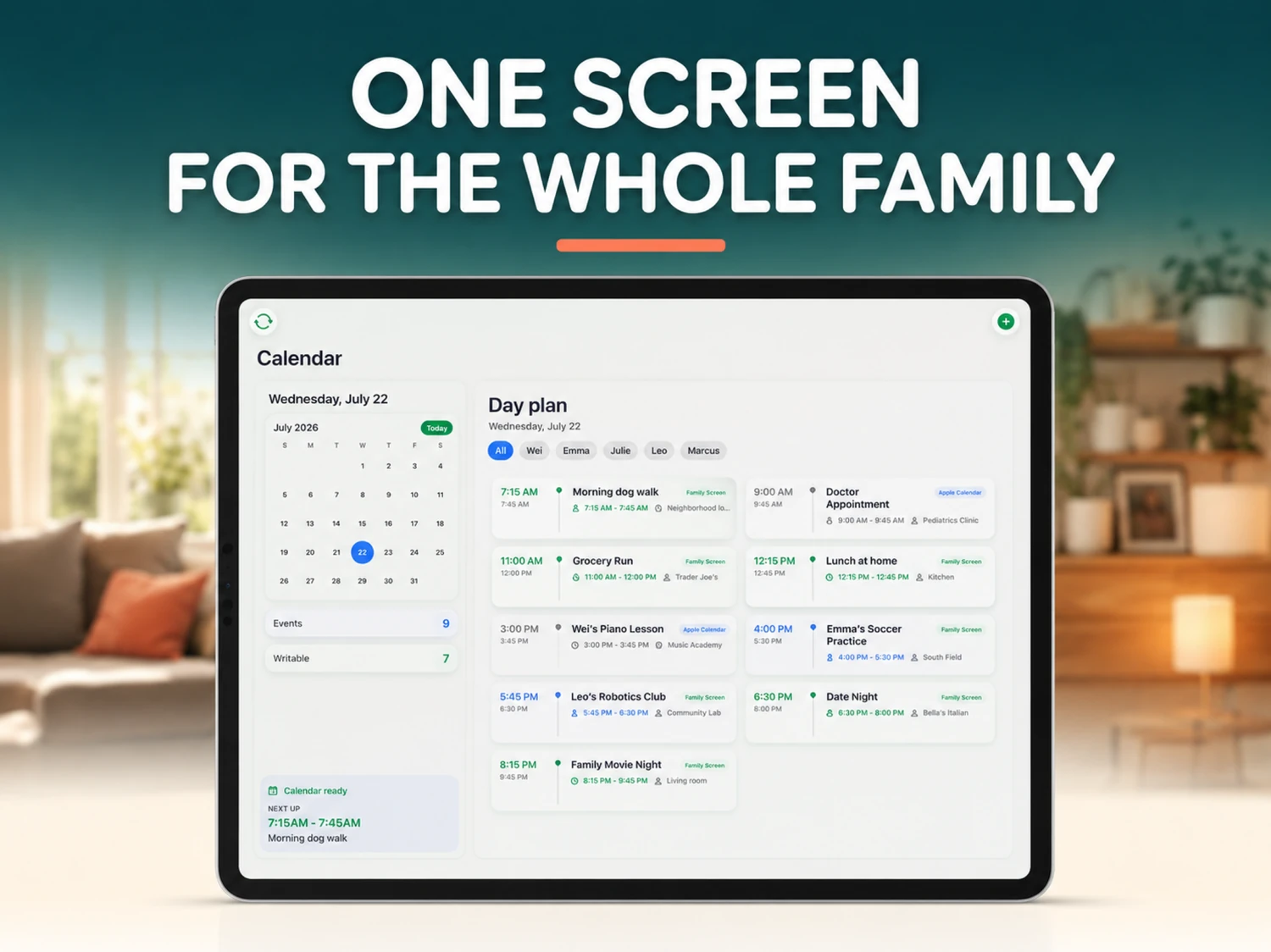 Hedah on iPad showing a month calendar beside a day plan, with each family member&rsquo;s events tagged by their source calendar.
