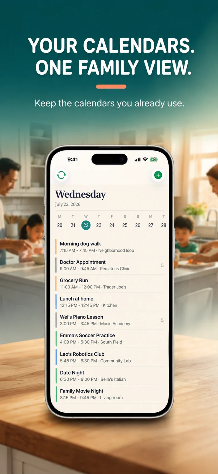 Hedah on iPhone showing one family member&rsquo;s day, with a request to another member and its reply.