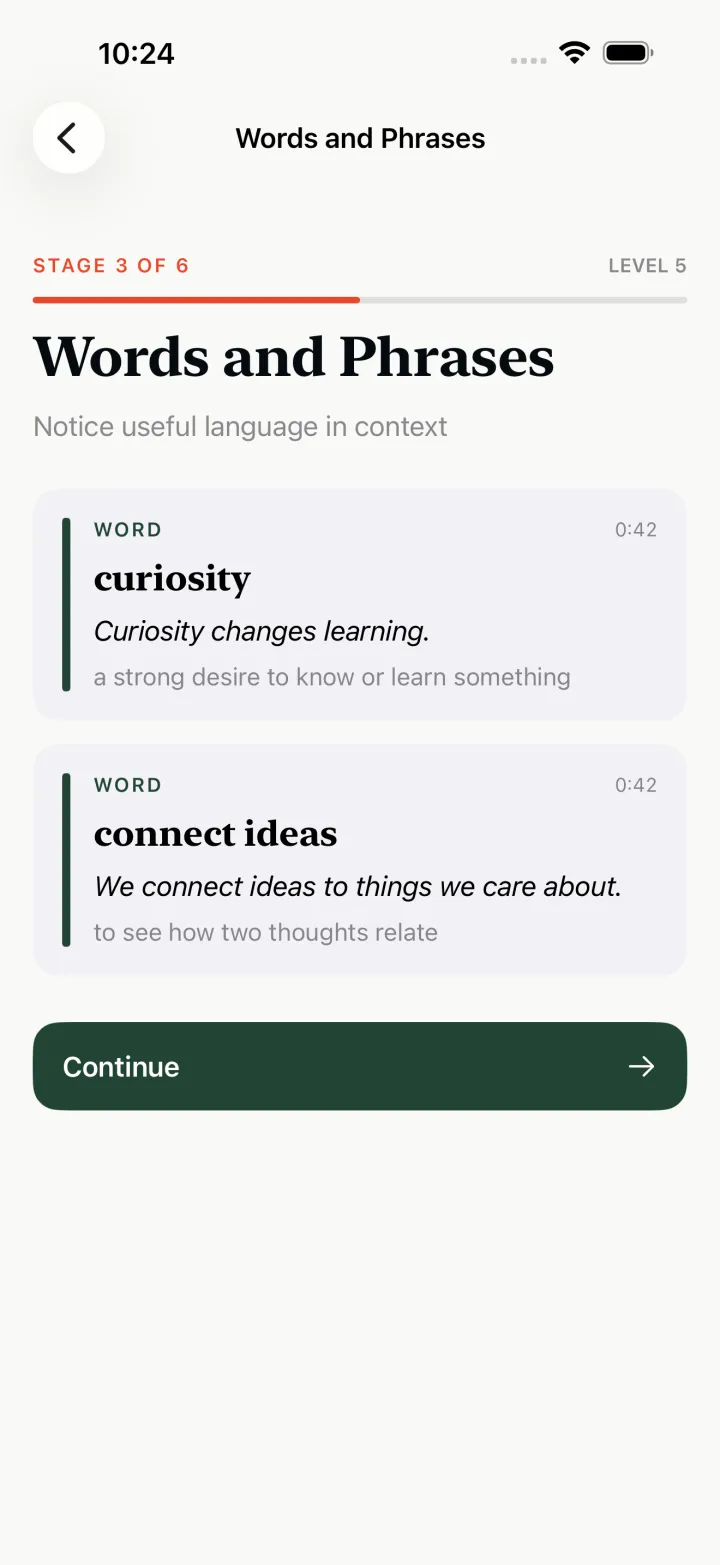 Kindling word and phrase screen showing a definition and usage note for two saved items.